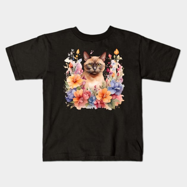 A burmese cat decorated with beautiful watercolor flowers Kids T-Shirt by CreativeSparkzz